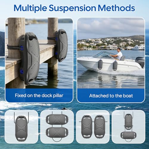 VITODALA Gray Boat Fenders 4 Pack Docking Bumpers, EVA Marine-Grade with Quick-Lock Rope