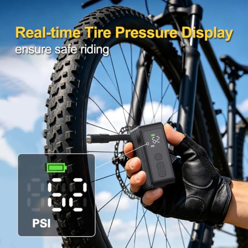 Black Portable Electric Bike Pump 130 PSI with Gauge & Auto-Off - Fast Charging