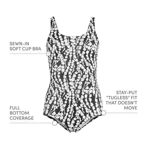 Lands' End Women's Chlorine Resistant One-Piece Swimsuit Black/White Vine Floral