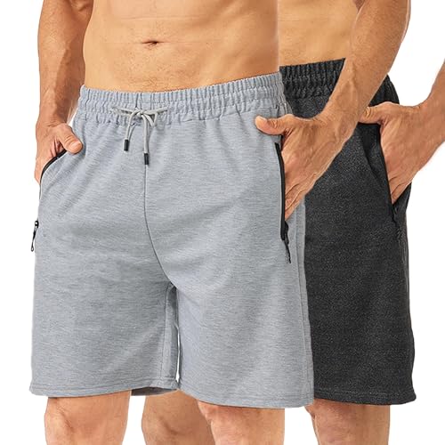 Men's 7-Inch Casual Sweat Shorts with Zipper Pockets - 2 Pack Athletic Lounge & Gym Shorts