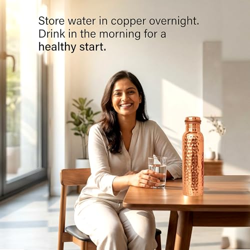Copper Hammered Water Bottle - 32 oz Pure Copper Ayurvedic Drinking Vessel with Leak-Proof Lid - Variation of THIS listing