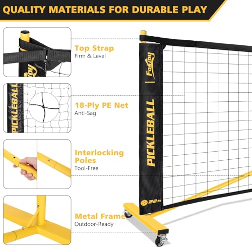 Fostoy Portable Pickleball Net Set with Wheels, 22ft & 11ft Half Court - Black & Yellow 2-in-1