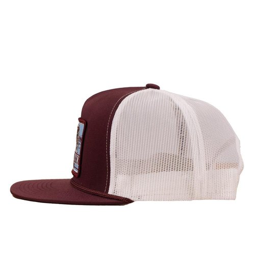 Lazy J Ranch Maroon & White Blue Bull Trap Patch Classic Five Panel Rope Trucker Hat - Adjustable Unisex Country Hats, Vintage Trucker Hat
