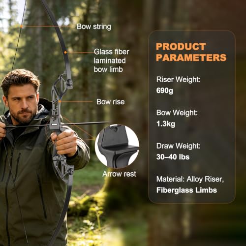 Black 40lb Takedown Recurve Bow for Hunting & Training with Arrow Sight