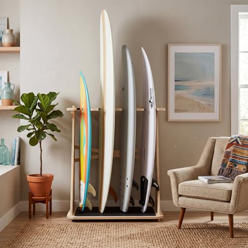 Leinuosen 4-Board Surfboard Rack Stand - Vertical Wood Storage for Longboards & Shortboards