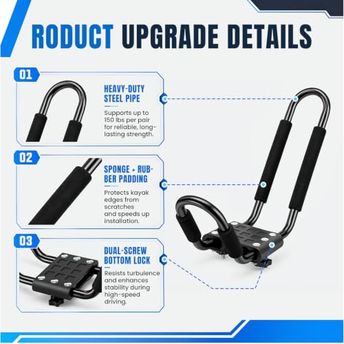 Forluck Kayak Roof Rack J-Bar Carrier Set - Black, 2 Pairs, Holds 2 Kayaks