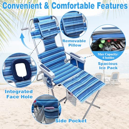 WKFAMOUT 16" Navy Portable Beach Chair with Face Hole & Cooler, Heavy Duty Folding Lounge Seat for Adults
