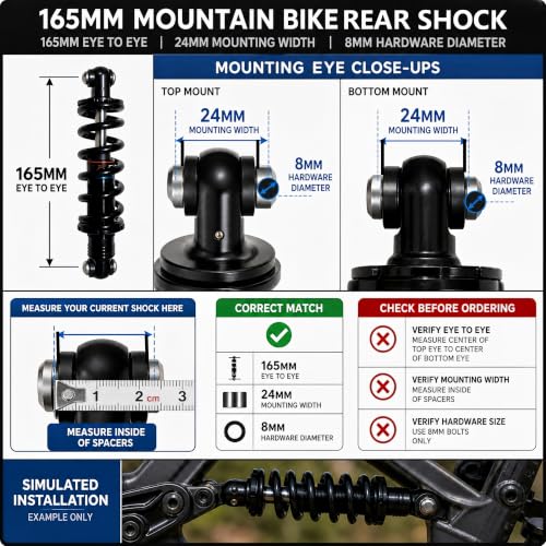 Black 165mm Rear Shock Absorber with 350LB Hydraulic Coil Spring for Mountain Bikes - WROASLTOUX