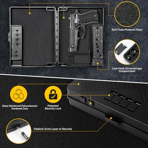 Black Mechanical Gun Safe with TSA Padlock for Handgun, Compact Nightstand & Travel Security