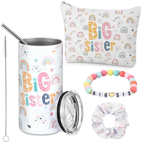 Big Sister Gifts Set for Girls Rainbow - Tumbler, Makeup Bag, Bracelet & Scrunchie