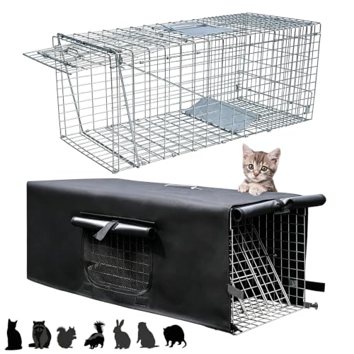 HiCaptain 32-Inch Humane Live Animal Trap Cage with Cover for Cats and Small Wildlife - Folding Design, Weather-Resistant