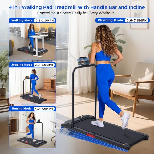 Portable Walking Pad Treadmill with Handle Bar & Incline for Home Fitness