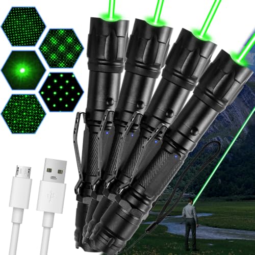4-Pack Green Laser Pointers Rechargeable Type-C with Pocket Clips - Bright & Focused Beams, Dual Modes