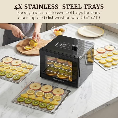 Food Dehydrator with 4 Plastic Trays - Adjustable Temp & Timer