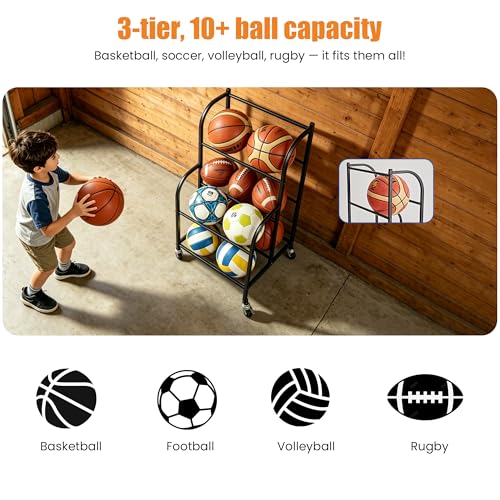 Ball Storage Rack with Wheels - Space-Saving Vertical Organizer for Basketball, Football, Soccer