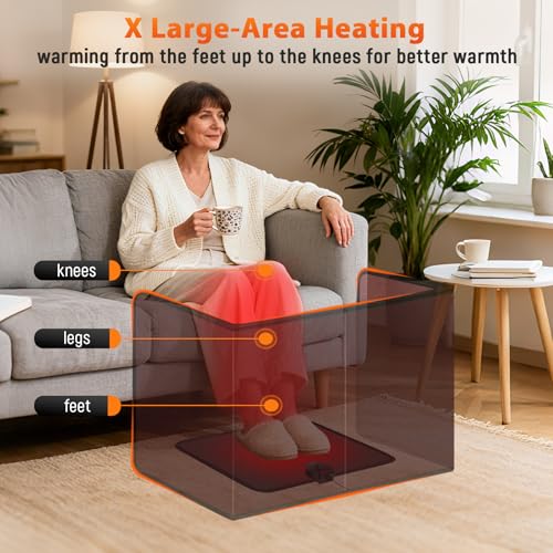 Black Under Desk Foot Warmer with Heated Floor Mat - Portable Space Heater, 12H Timer, 8 Heat Levels