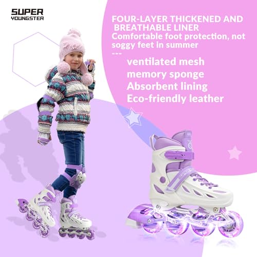 SUPER YOUNGSTER Adjustable Inline Skates for Kids Ages 4-12, Light-Up Wheels, White & Purple, Medium-Big Kid (1-4 US)