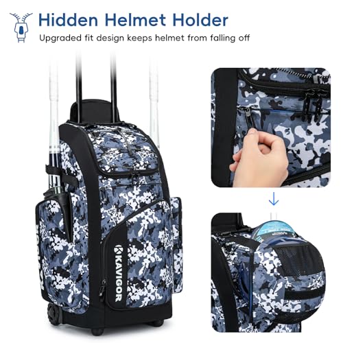 Blue Camo Rolling Baseball Bag 60L with Wheels Holds 4 Bats & Shoes Youth Equipment