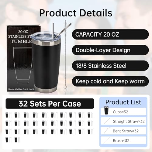 Black 20oz Stainless Steel Insulated Tumblers Bulk Pack with Lids & Straws - 32 Count
