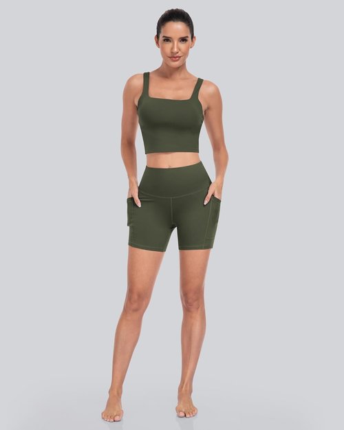 CHRLEISURE Women's Biker Shorts - 5-Inch High Waisted Tummy Control with Pockets - 6 Pack
