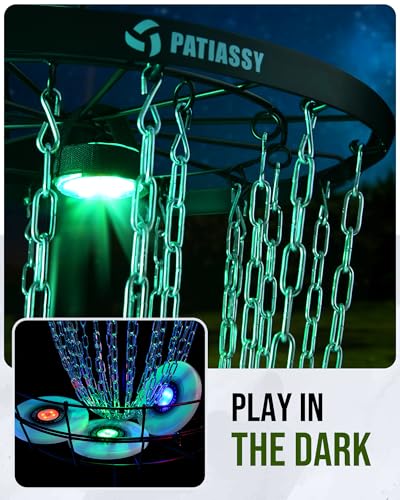 Patiassy Lighted Disc Golf Basket with Adjustable Height & Night LED Night & 24/12 Chain