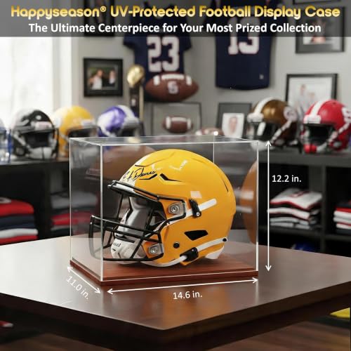 UV-Protected Clear Football Helmet Display Case by Happyseason - 93.8% UV Block Acrylic with Solid Wood Base