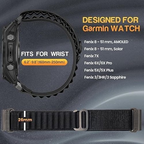 BANSO 26mm Quick Fit Nylon Watch Band for Garmin Fenix 8 51mm /5X / 6X / 7X, Quickfit 26mm Rugged Watch Bands for Garmin Fenix 7X Pro Sapphire Solar / 6X Pro / 5X Plus, for Fenix 3, Tactix Delta
