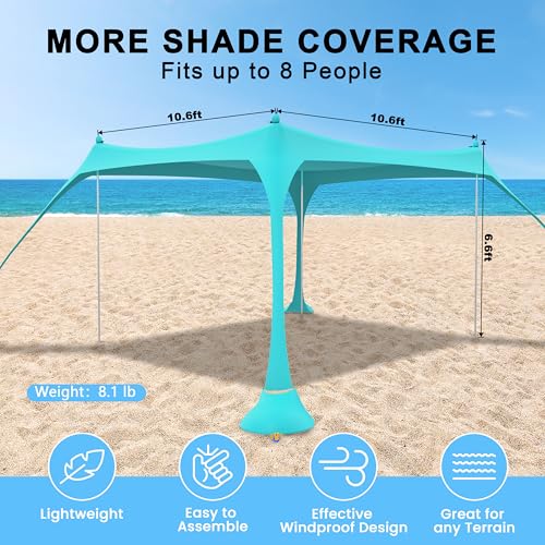 Ihuan Light Blue 10x10FT UPF50+ Beach Tent Sun Shelter - Easy Setup, Wind-Resistant