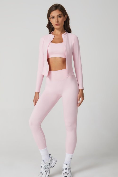 QINSEN Workout Set for Women Slim Fit Long Sleeve Athletic Tops High Waist Yoga Leggings Gym Sets Pink M