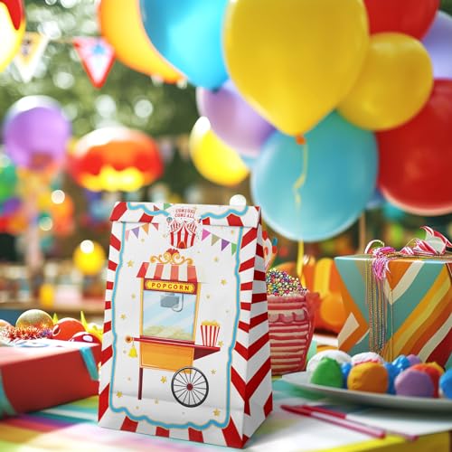 Circus Party Favor Bags - 24 Watercolor Carnival Gift Bags with Stickers