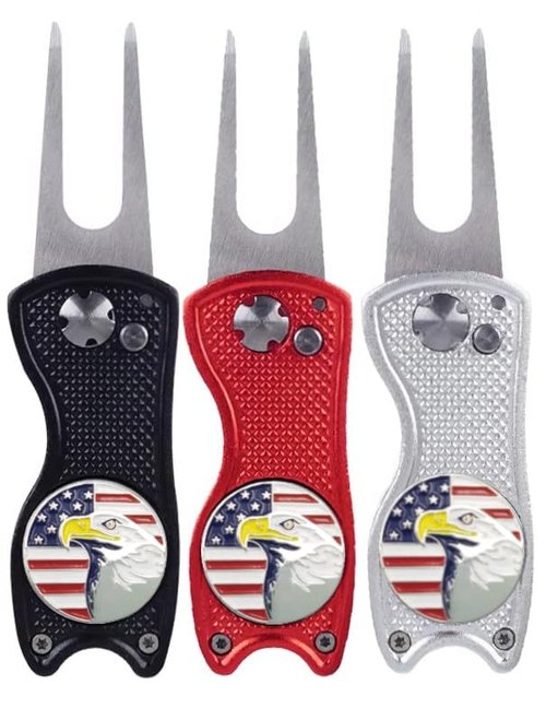 Patriotic Golf Divot Tool with USA Flag & Eagle Ball Marker - Perfect for Golfers (Black)