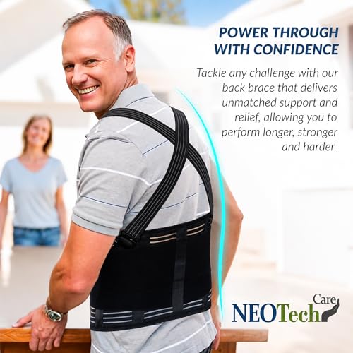 Back Support Belt with Suspenders - Medium, Black, Lumbar Brace for Heavy Lifting