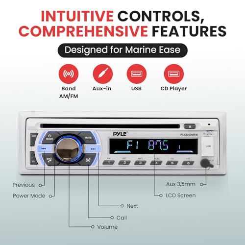 Pyle Marine Bluetooth Stereo Receiver with CD Player & FM Radio - 12V Waterproof Marine Head Unit - Single DIN