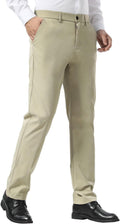 Plaid&Plain Men's Slim Fit Dress Pants - Stretch Khaki, Wrinkle-Free Comfort & Style