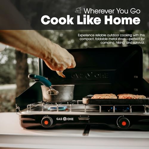 GasOne PS-2500MBA Portable Camping Stove - Double Propane Cooktop with Auto Ignition - Midnight Blue