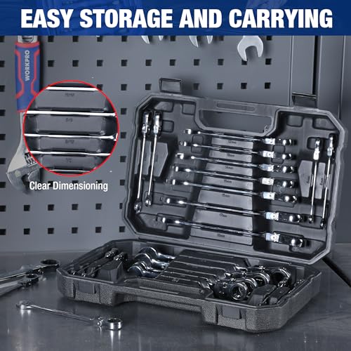 WORKPRO 22-Piece Flex-Head & Polished Ratcheting Wrench Set - High-Quality SAE & Metric Tools
