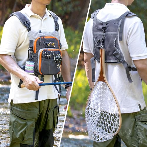 Fly Fishing Chest Pack Vest with Orange & Grey Variation, Large Capacity Tackle Bag