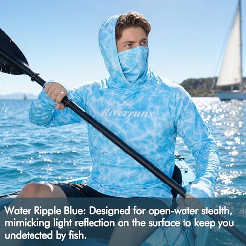 Riverruns UPF 50+ Fishing Hoodie with Neck Gaiter & Thumbholes - Large / Water Ripple Camoblue