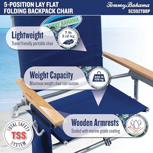 Navy 5-Position Lay Flat Folding Backpack Beach Chair with Cooler & Towel Bar - Tommy Bahama