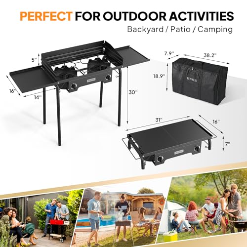 2 Burner Outdoor Propane Gas Stove with Windshield, Side Shelves & Carry Bag - 150,000 BTU Camping Cooker