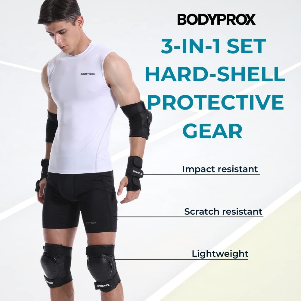 BODYPROX Knee Pads, Elbow Pads & Wrist Guards Set - Ultimate Protection for Skating & BMX | Adjustable Fit