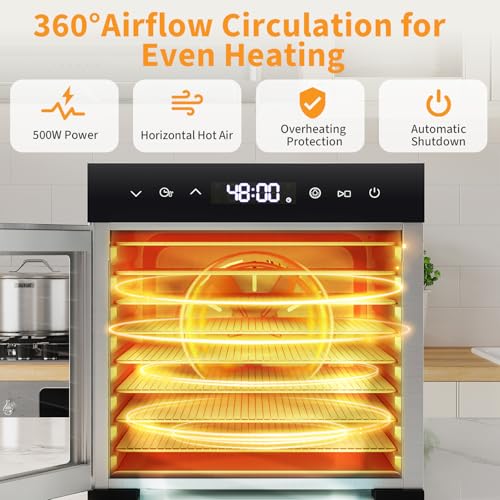 NEWBULIG 8-Tray Stainless Steel Food Dehydrator with 500W, Silver, 185°F Temp, 24H Timer