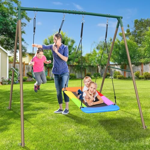 Hapfan Metal Kids Swing Set with Double Tree Swings for Backyard Play