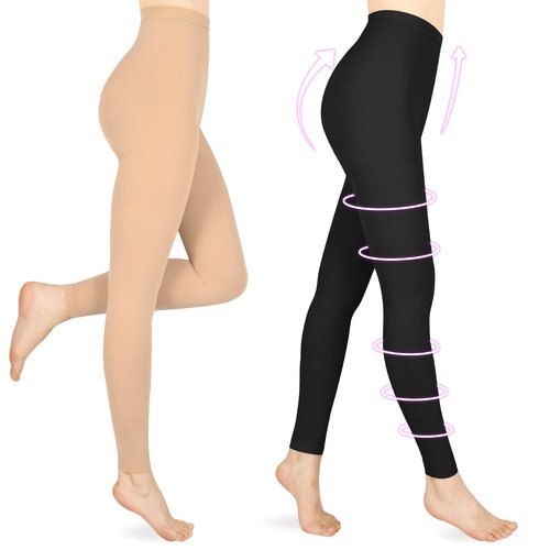 Wegitcs Compression Pantyhose for Women & Men, 2 Pairs Footless 20-30mmHg Medical Graduated Compression Leggings, Waist High Support Tights, Opaque Stockings for Varicose Veins Edema, Beige&Black M