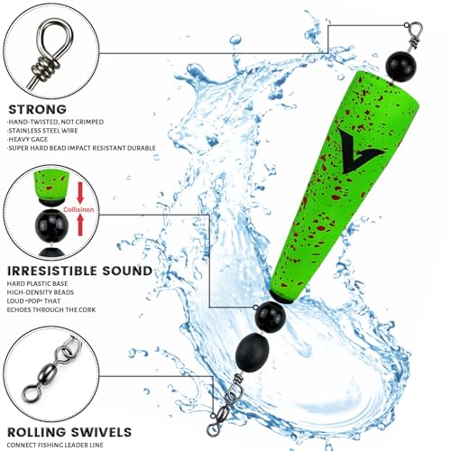 3-Inch Yellow with Black Splatter Pre-Rigged Saltwater Popping Cork with Steel Wire Leader - Rattling Beads for Redfish Trout Snook