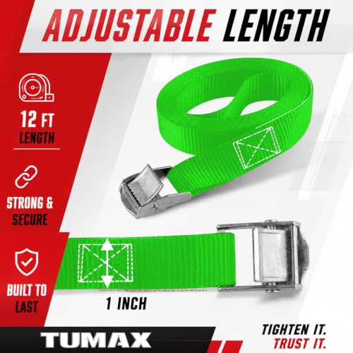 Heavy Duty Cam Buckle Tie Down Straps - Green 6-Pack, 1" x 12FT