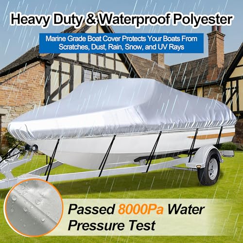 Trailerable Boat Cover 20-23 Ft Waterproof Heavy Duty V-Hull Fish & Ski Cover with Storage Bag - Silver / 20'-23' Long, 100" Wide