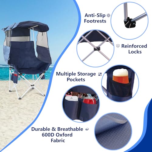 The Treasmap Navy Blue Folding Camping Chair with Canopy & Shade - Portable Outdoor Beach & Fishing Seat for Adults