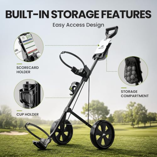 WAYTULES Black 2-Wheel Foldable Golf Push Cart - Lightweight, Durable Steel Frame, Adjustable Straps
