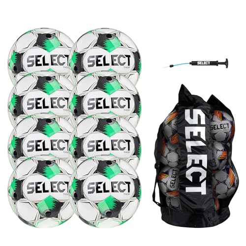 Select Thor Soccer Balls Pack 8 Size 5 with Pump & Duffle Bag - White Green Black V25